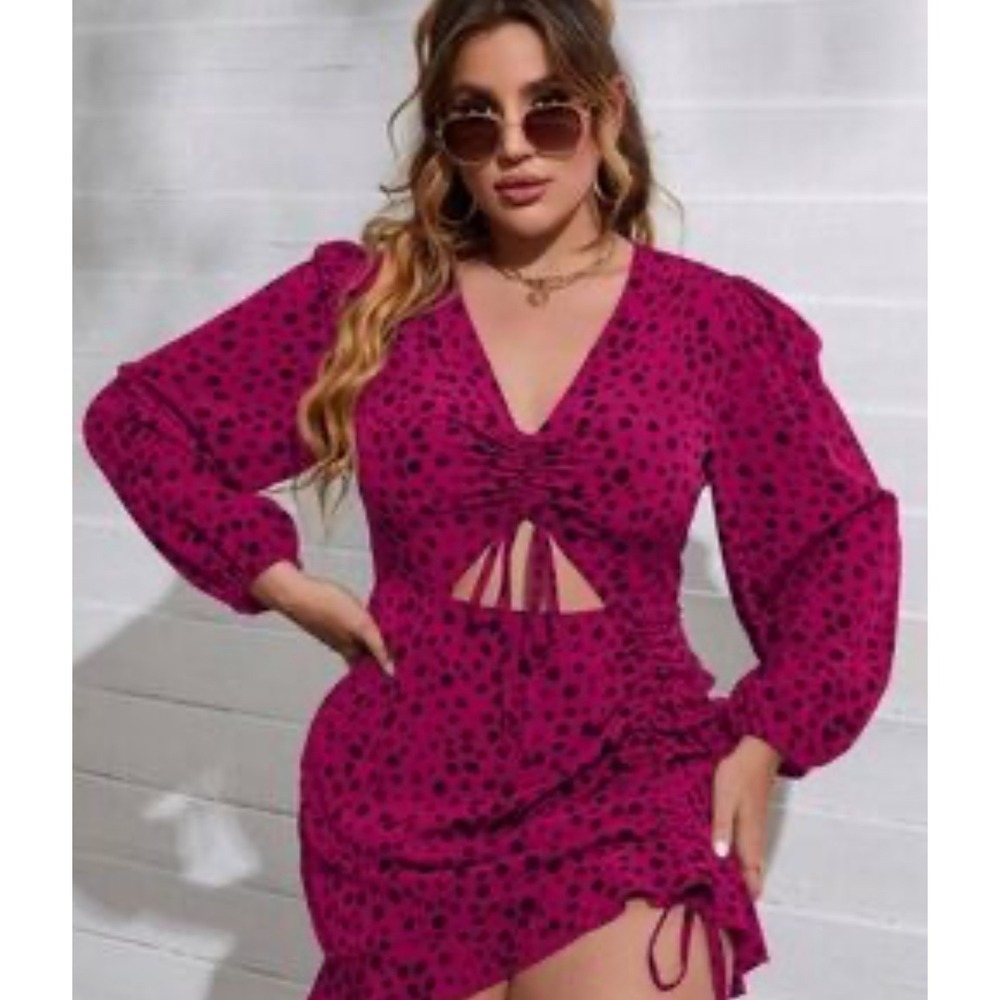 SHEIN CURVE Red Black Leopard Print Cutout Ruched Long Sleeve Mini Dress 4XL